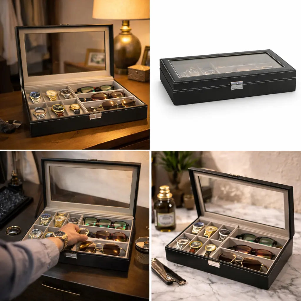 Organizador Premium para 6 Relojes y 3 Gafas en Cuero