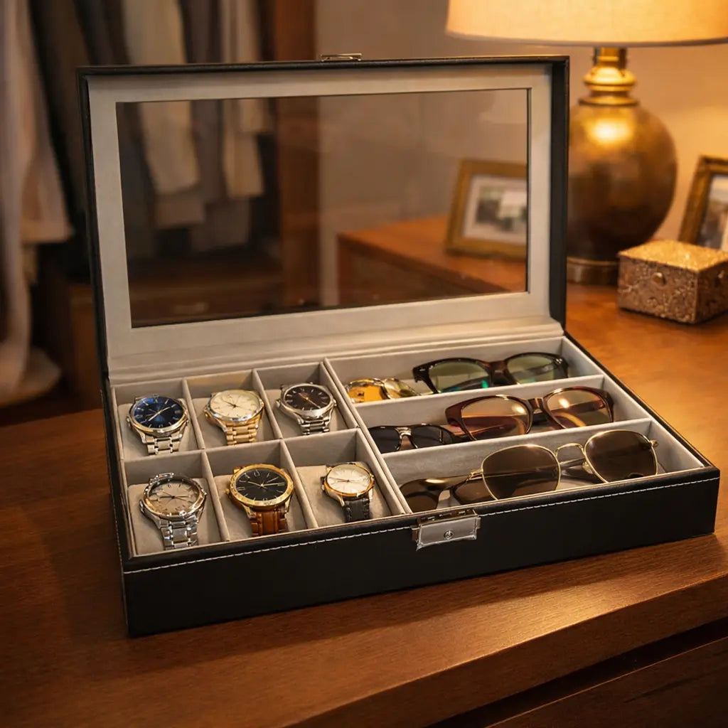 Organizador Premium para 6 Relojes y 3 Gafas en Cuero